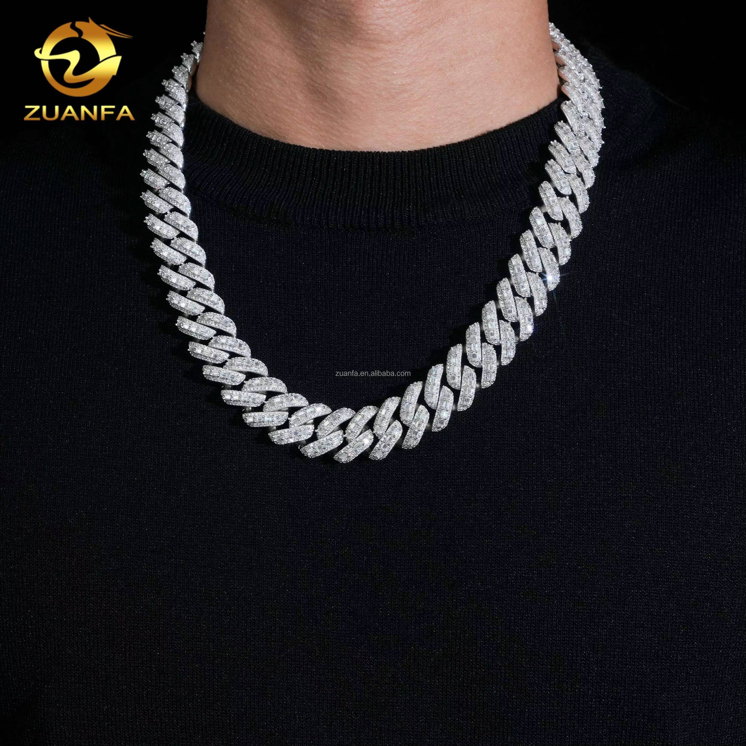18mm High End Luxury Rapper Jewelry 925 Solid Silver Iced Out Hip Hop VVS1 Baguette Moissanite Diamond Miami Cuban Link Chain