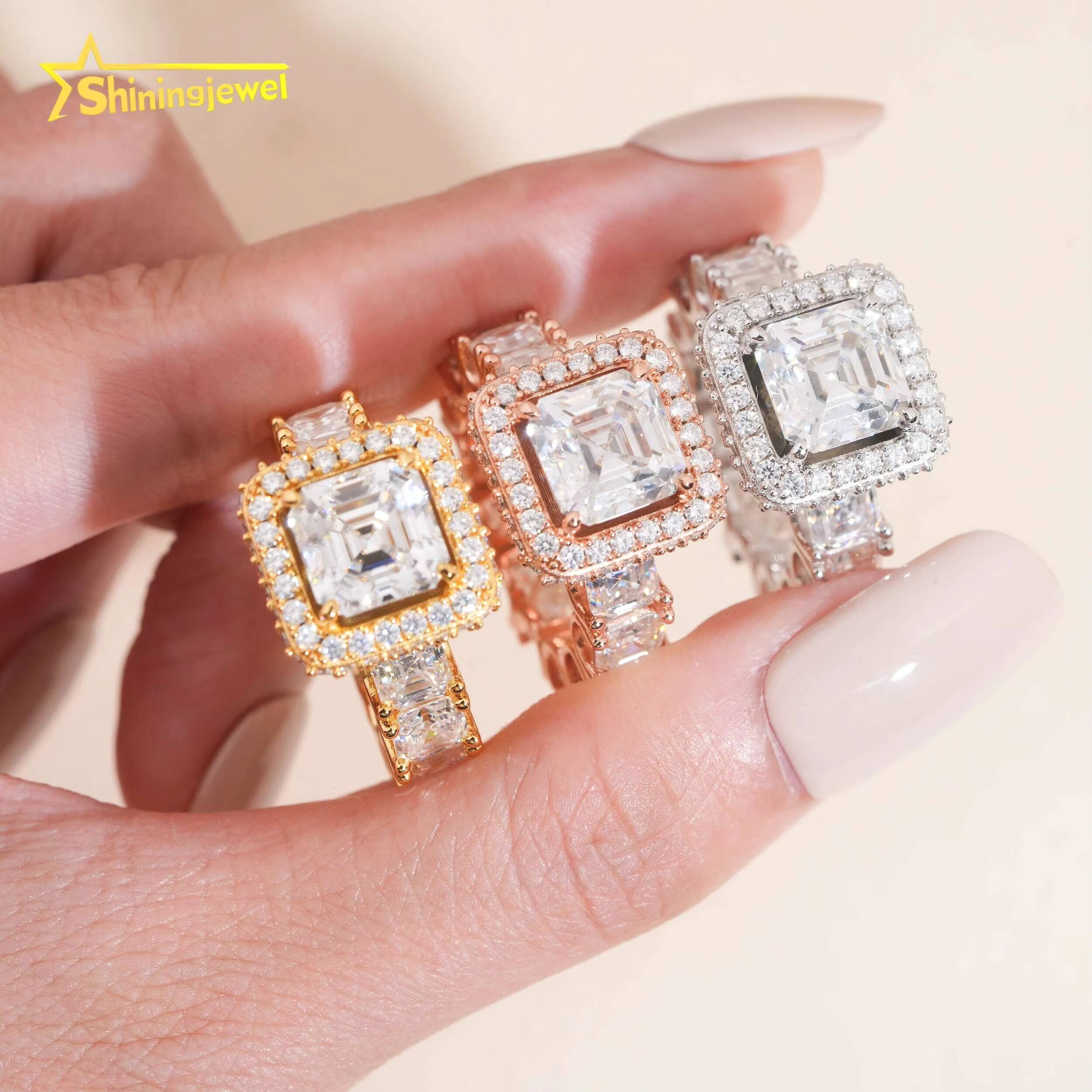 Iced Out Diamond Wedding Ring Hip Hop Jewelry Asscher Cut Diamond 925 Silver VVS Moissanite Engagement Ring for Women