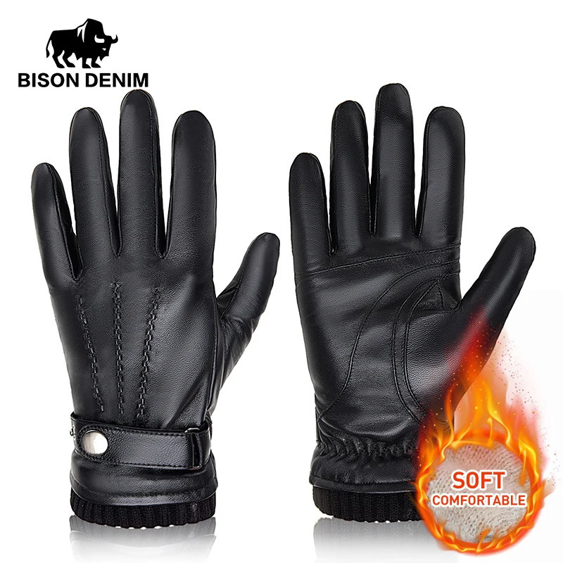 2025 BISON DENIM Mens Sheepskin Gloves Fashion Cashmere Lined Touchscreen Full Finger Mittens Winter Warm Riding Driving Gloves 251015