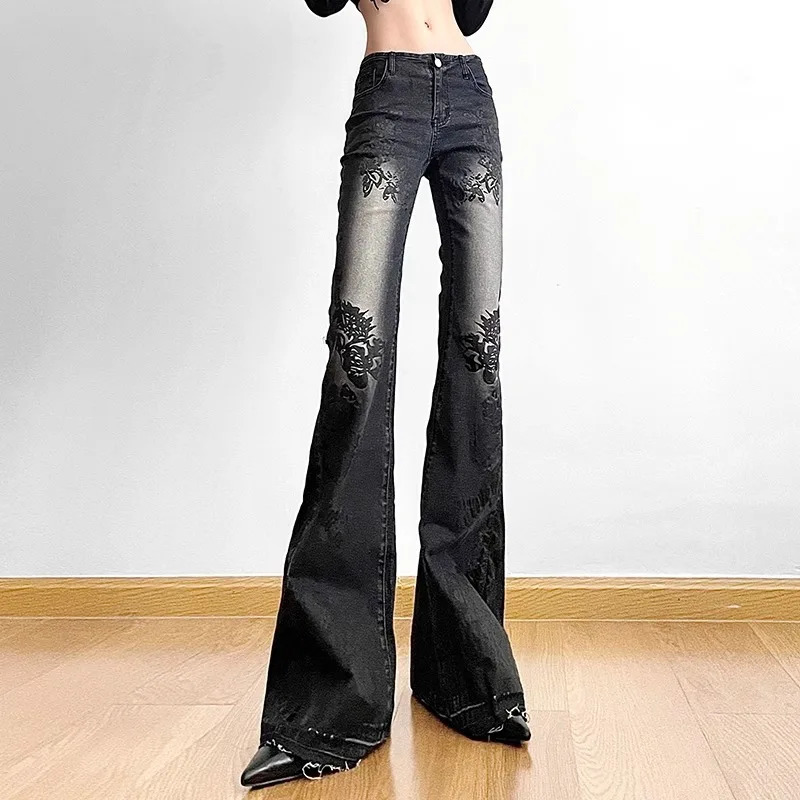Flared Jeans Pants for Woman Baggy Y2k Womens Denim Shoujo Girl Style Coquette Big Size Spring Clothes Jean 251014