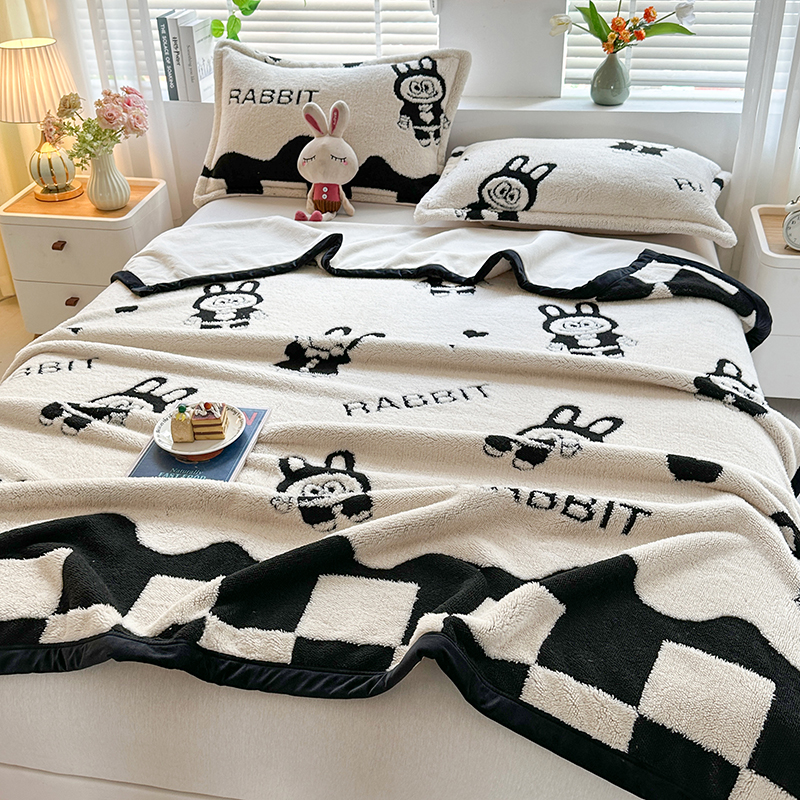 Designer Blanket Luxury Brand Skin-friendly and Soft Throw Black and White Multi-functional Nap Blanket with Labubu Pattern for Office/Bedroom /Travel