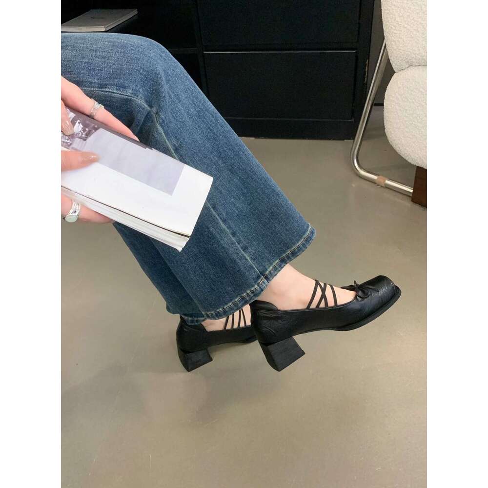 French Style Mary Jane for Women 2025 New Square Toe Chunky Heel Niche Designer Shoe Design Bowknot Shallow Mouth Single Shoes