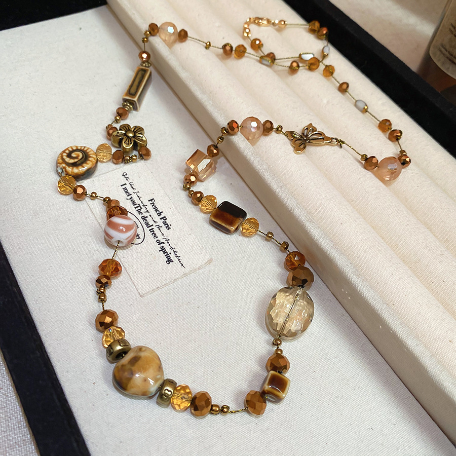 Butterfly Flower Ceramic Heart Artificial Crystal Necklace High-End Autumn Winter Sweater Chain Women's Niche Jewelry