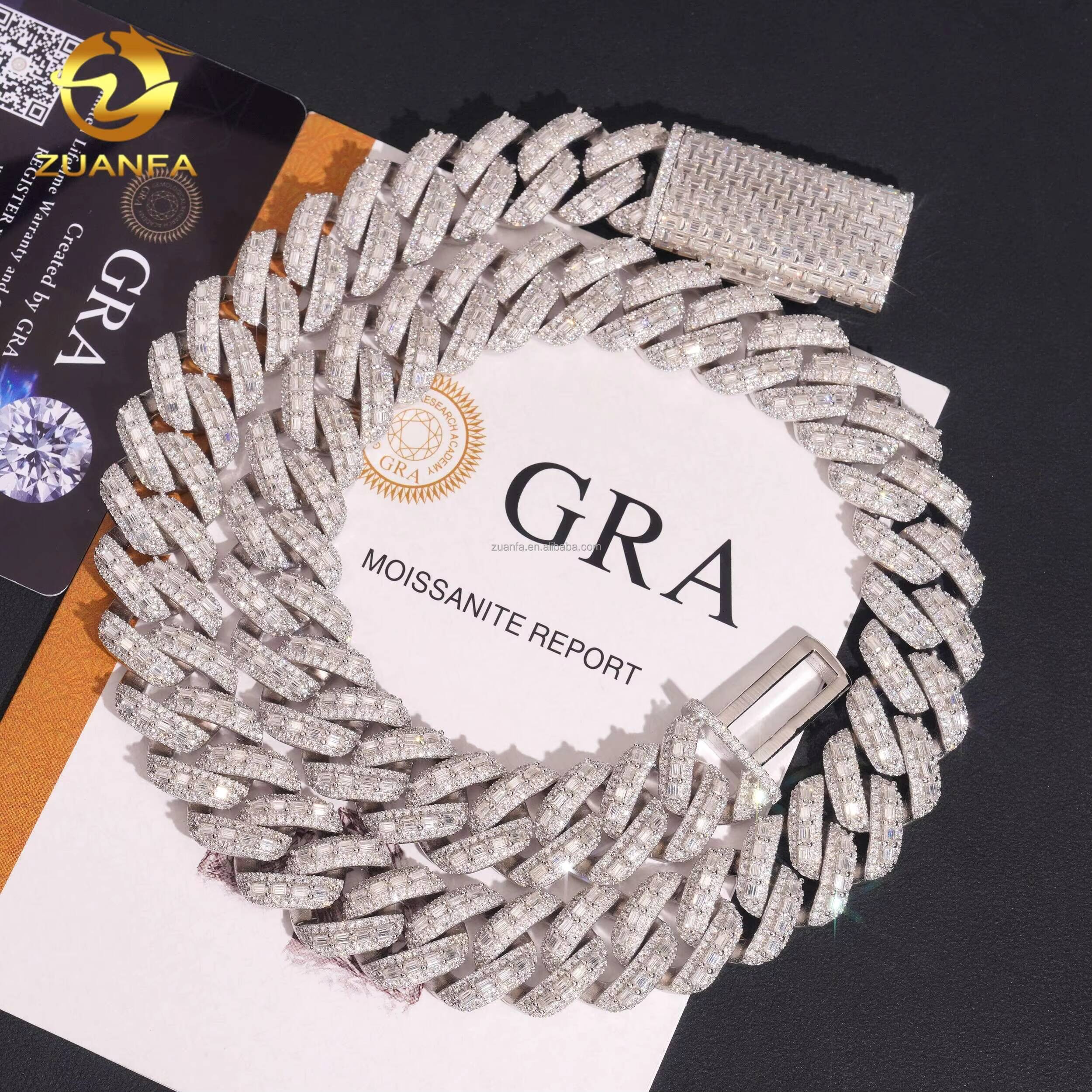 18mm High End Luxury Rapper Jewelry 925 Solid Silver Iced Out Hip Hop VVS1 Baguette Moissanite Diamond Miami Cuban Link Chain