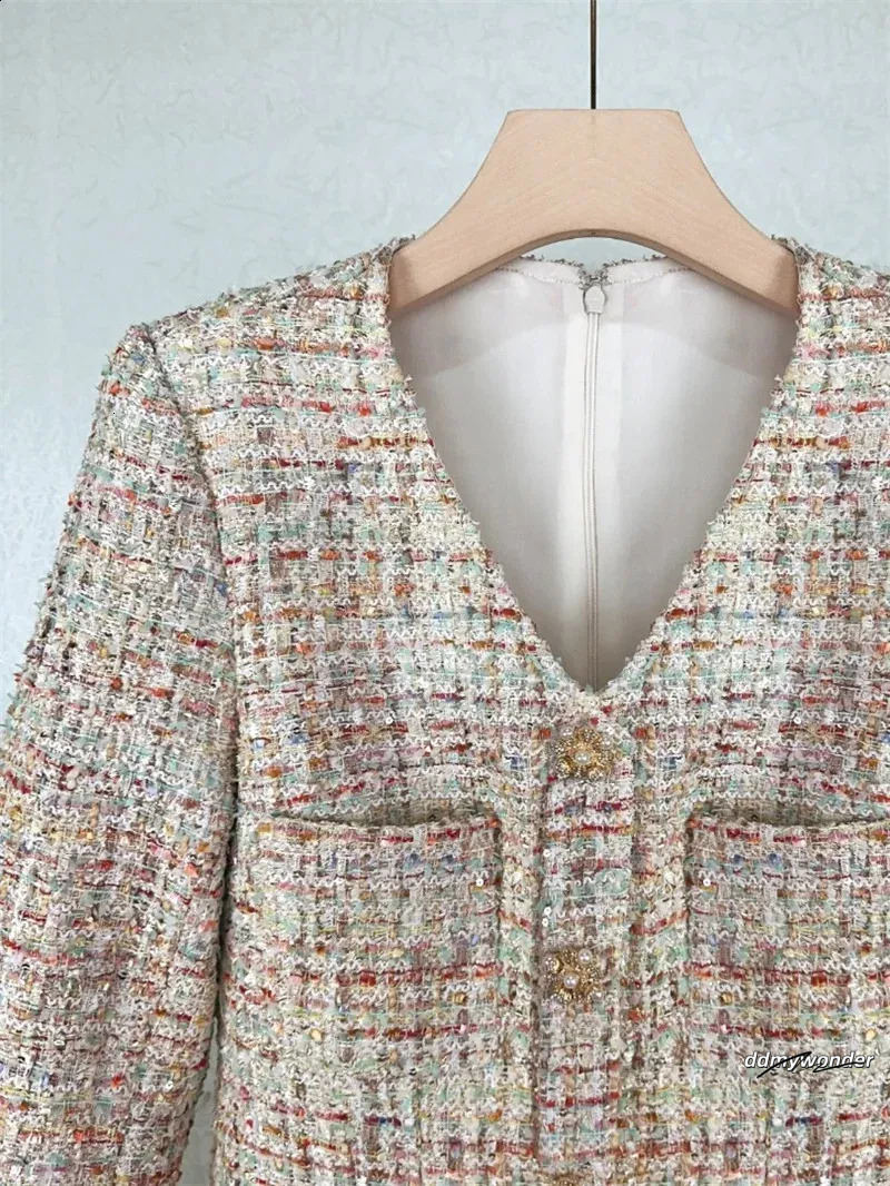 Dresses Women, Women's Tweed Mini - Elegant V-Neck Long Sleeve A-Line Ruffle Hem Short Dress For Autumn Fashion Ddmywonder