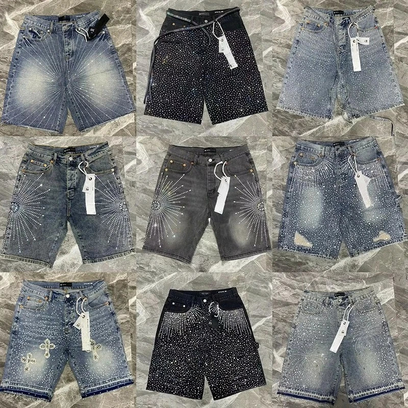 Streetwear Vintage Rhinestone Sequin Denim Short Y2K Jeans Hip Hop Washed Shiny Baggy Shorts Low Waist Casual Over The Knee Pant 251018
