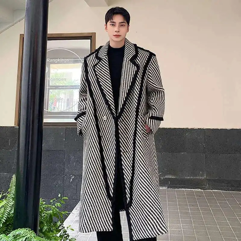 IEFB Winter Mens Woolen Long Coat Thickened Weave Twill Lapel Wool OverCoat Korean Style Windbreaker Trend Autumn 9C3302 251017