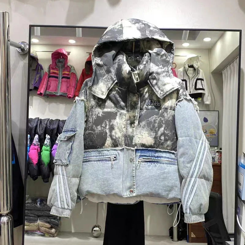 Winter Short Denim Spliced Removable Hooded Down Jacket Women White Duck Patchwork Jackets Female Thick Warm Parka Outwears 251017