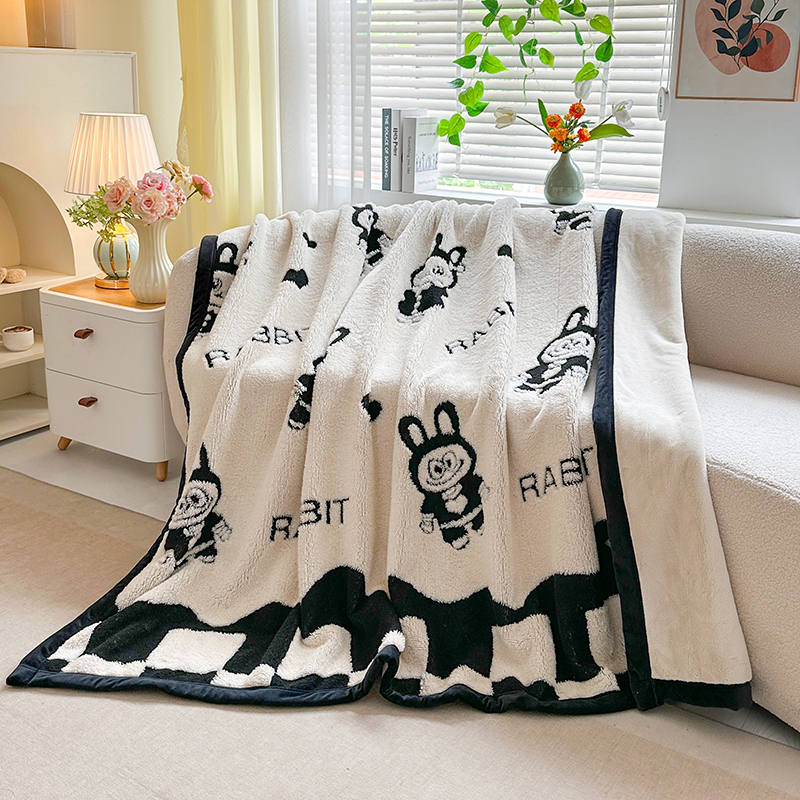 Designer Blanket Luxury Brand Skin-friendly and Soft Throw Black and White Multi-functional Nap Blanket with Labubu Pattern for Office/Bedroom /Travel