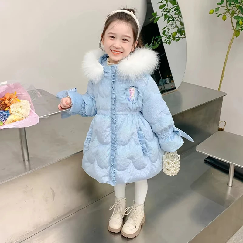 Frozen Elsa Girls Downcoat Winter Kid Clothes Fur Collar Hooded Padded Cotton Thicked down Jacket Children Princess Costume 251017