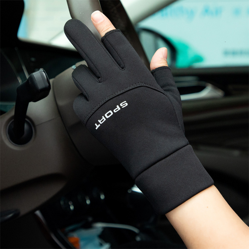 Two-Finger Men Winter Students Writing Fleece-Lined Warm Touch Screen Gloves Outdoor Riding Driving