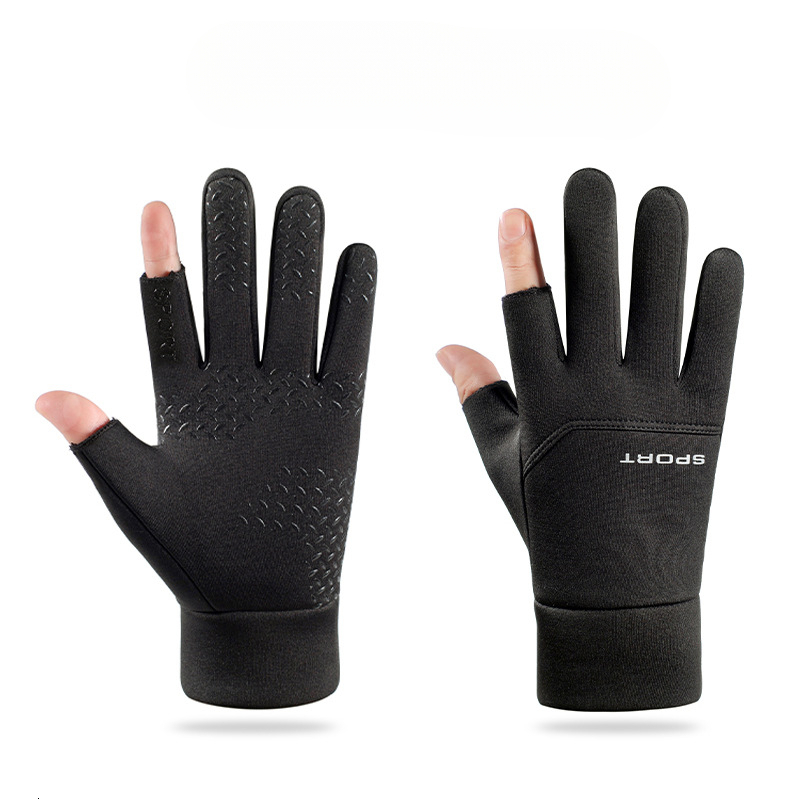 Two-Finger Men Winter Students Writing Fleece-Lined Warm Touch Screen Gloves Outdoor Riding Driving