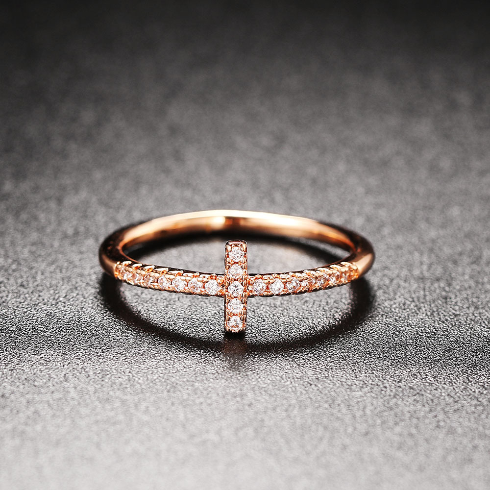 Exquisite Copper Cross Austrian Crystal Ring for Women Men Unisex 18K Real Rose Gold Plated Pattern Novel Lovers Tail Rings Fashion Wedding Jewelry Ac
