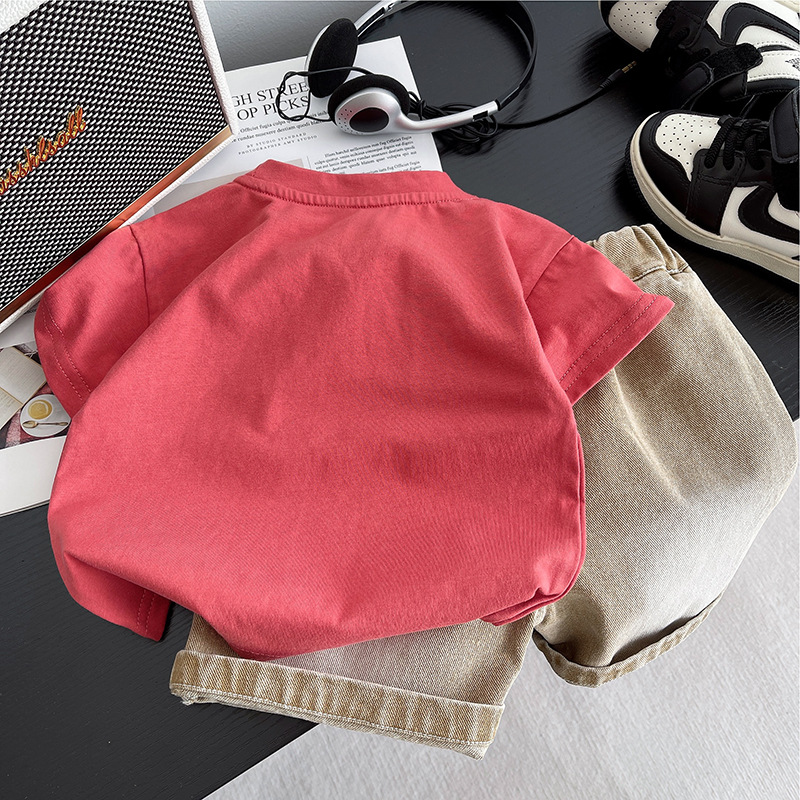 Boys' summer outfit new summer short sleeved 2025 vintage round neck two-piece loose fit free shipping