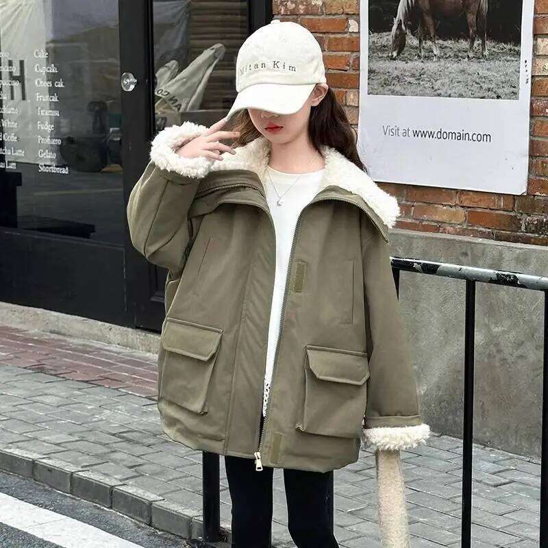 Thickened Fleed Collared Korean Style Cargo Jacket For Big Kids Girls Warm & Insulated Outdoor Winter Coat