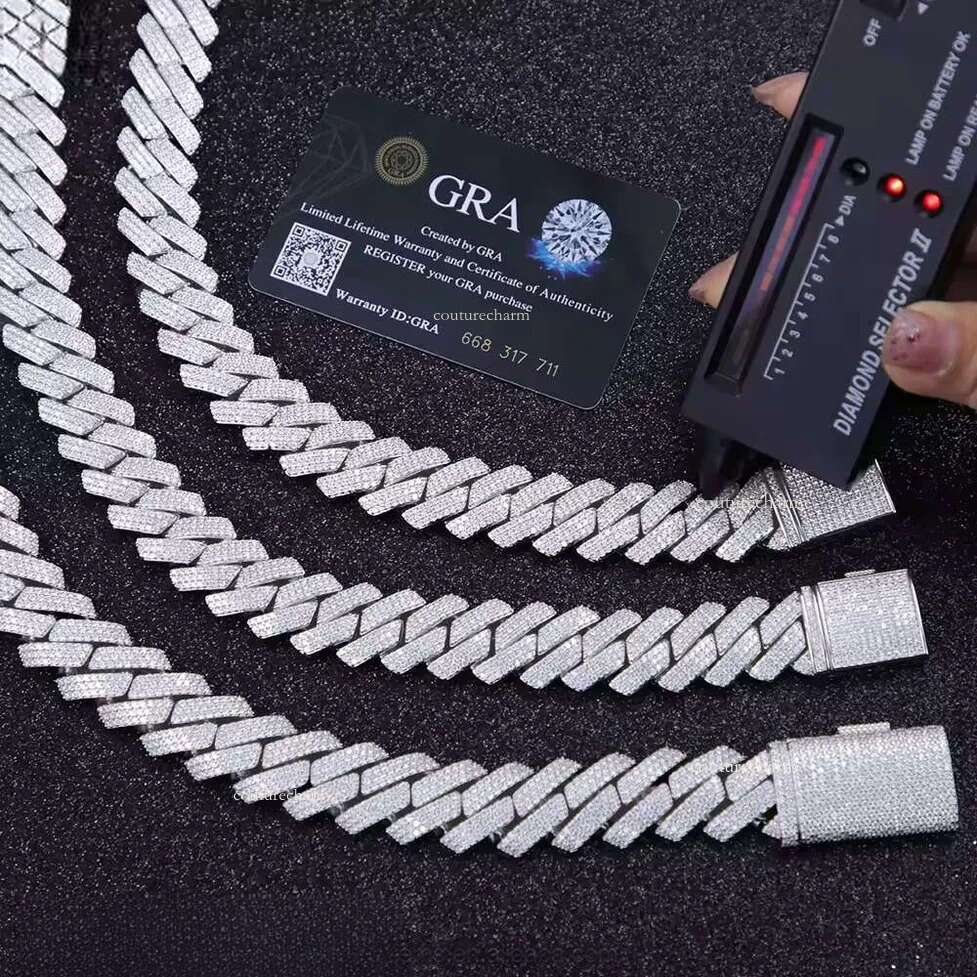 designer chain hip hop jewelry necklace 15mm wide gang link chains vvs moissanite white gold plated sterling sier cuban bracelets