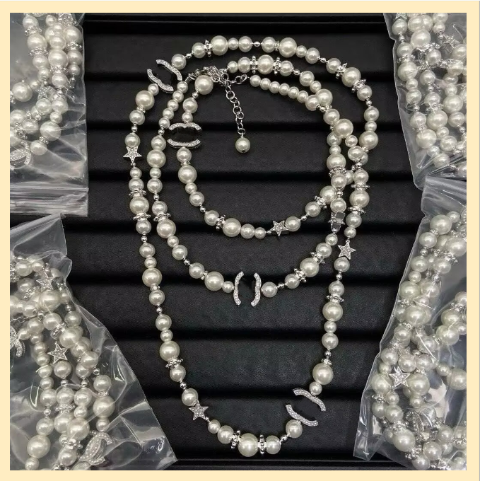 Pendant Necklaces Fashion CoCo pearl Pendant long Necklaces Elegant Designer Diamond Pearl Sweater Chain for Women - wedding Jewelry Necklace Set charm lady