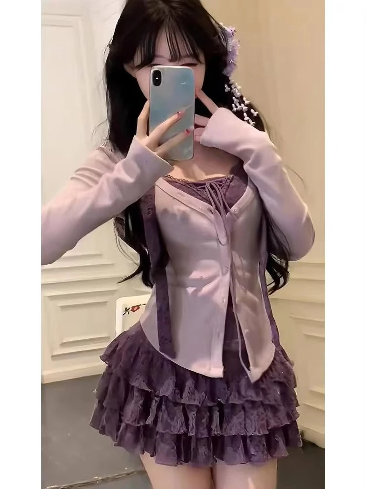 American Style Vintage 2 Piece Set Spicy Girl Sexy Sleeveless Mini Dress Knitted Ruffle Y2k Cardigan Korean Fashion Suit Woman 251014