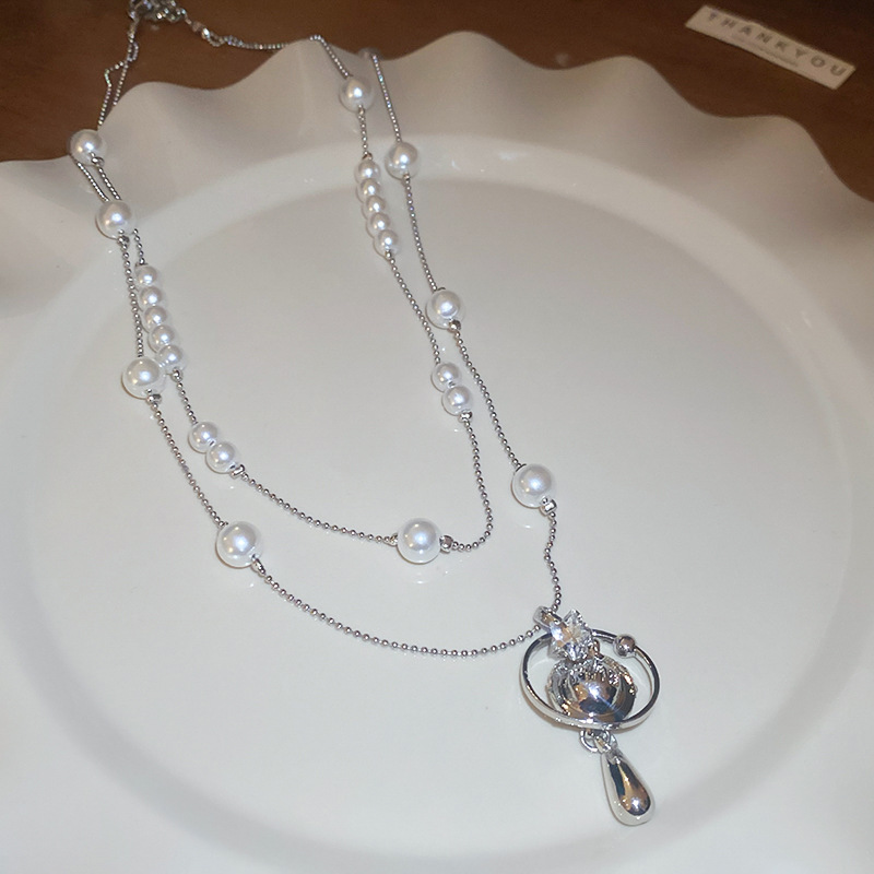 Inlaid Dia Saturn Water Drop Pearl Necklace French Light High-end Sweater Chain Autumn Winter Versatile Simple Jewelry Accessories