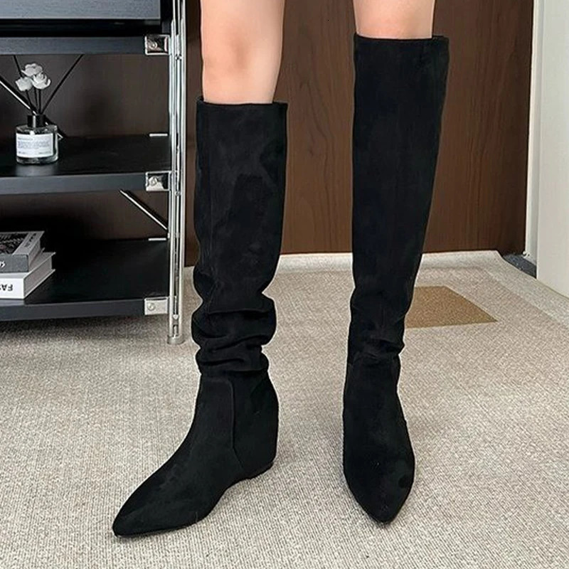 Wedges Women Long Boots Suede Fashion Pointed Toe Shoes Knee High Woman Winter Boots Dress Femme Botas 251011