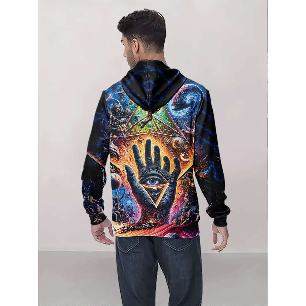 Men's Hooded Sweatshirt Psychedelic 60S Retro Graphic Pullover With Mystical Eyes, Cosmic Swirls Warm Winter Hoodie For Everyday & Themed Events 