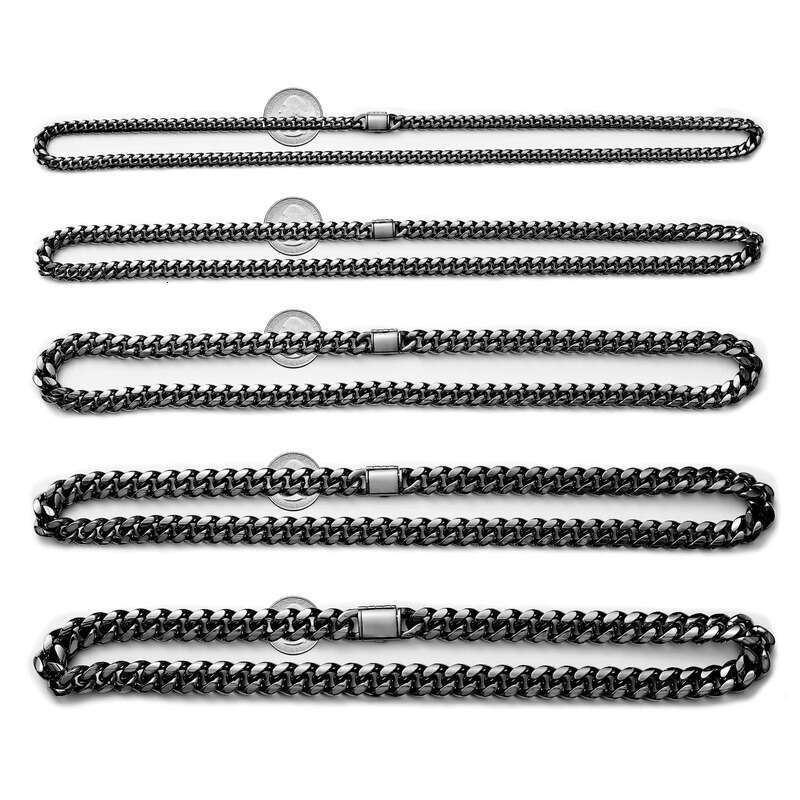 Fashionable 6-18mm Wide Black and Gold-Plated sterling silver Ice Buckle Miami Cuban Chain Necklace