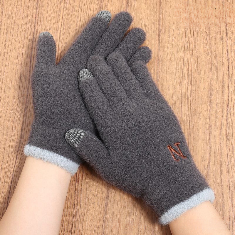 Men's Fleece-Lined Thickened Letter Embroidery N Cycling Winter Cold-Proof Warm Gloves Touchscreen
