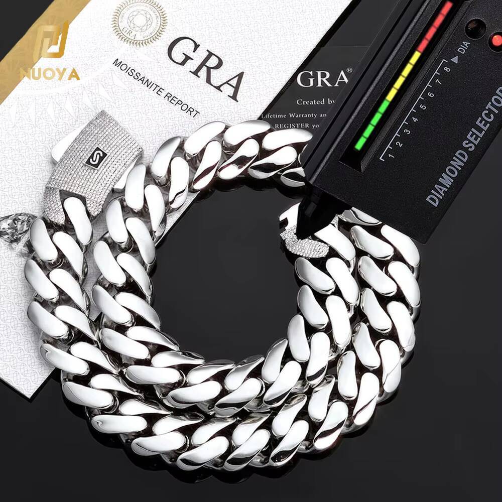 NUOAY Fine Jewelry 925 Silver Cuban Chain Iced Out Diamond Clasp Pass Diamond Test VVS Moissanite Smooth Cuban Chain Necklace
