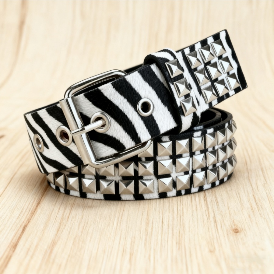 Leopard & Zebra Printed Punk Rock Studs Womans Belt - Stylish Metal Buckled Accessory