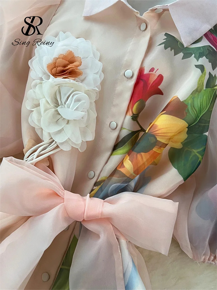 SINGREINY Original 3D Floral Organza Long Dress Female Lapel Short Sleeves High Quality French Vintage Print Maxi Dress 251018 - view 6