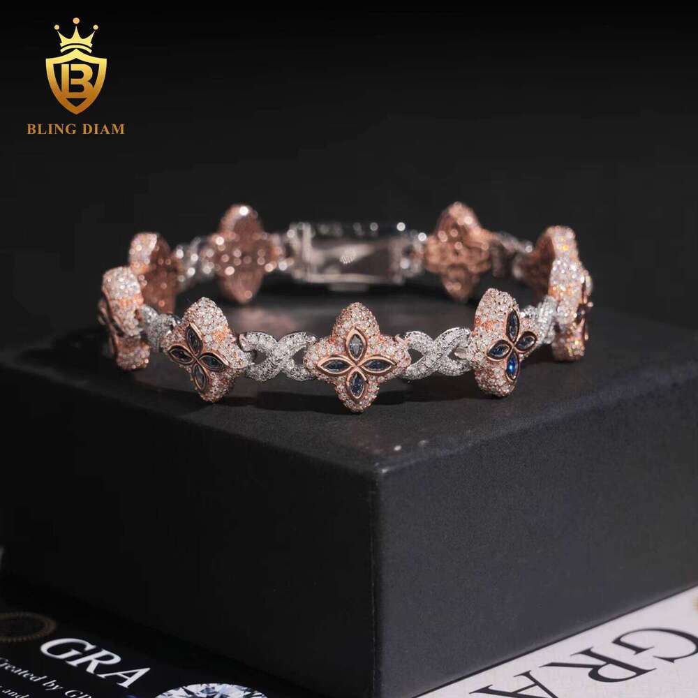 15mm Two-tone Flower Four-leaf Clover Sier Hip-hop Men's Jewelry Iced Cuban Chain Moissanite Infinity Rose Gold Pink Bracelet