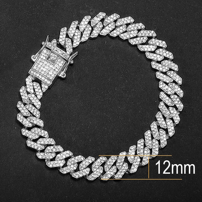 12MM Rhinestones Prong Iced Out Cuban Link Chain Hip Hop Bracelet Men Women Gold Color Bling Cuban Bracelet Jewelry A 251018