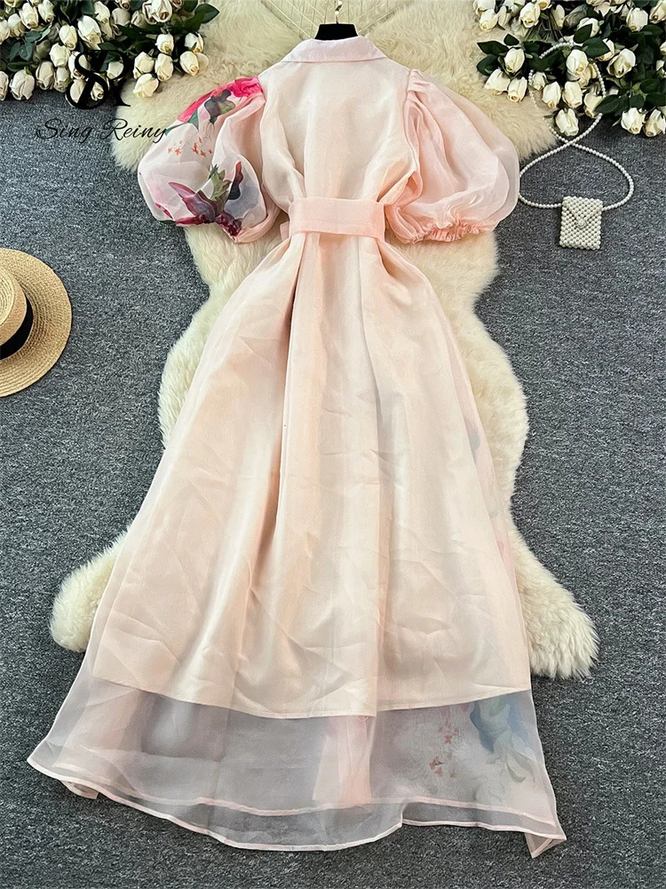 SINGREINY Original 3D Floral Organza Long Dress Female Lapel Short Sleeves High Quality French Vintage Print Maxi Dress 251018 - view 4