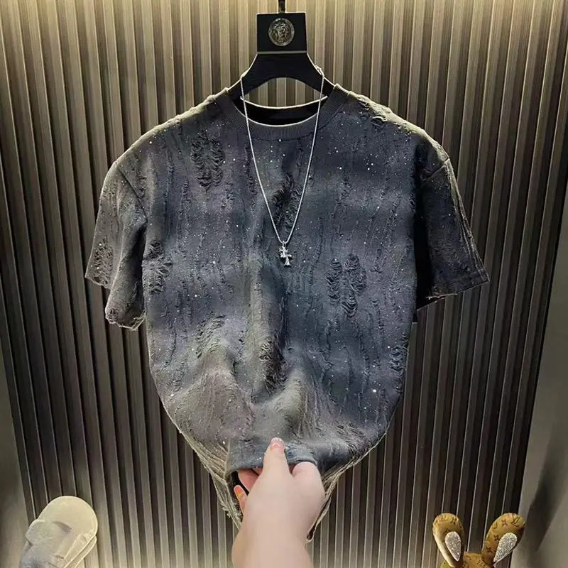 Summer Mens Shortsleeved Trendy Distressed Roundneck Halfsleeve Tshirt Top 251018