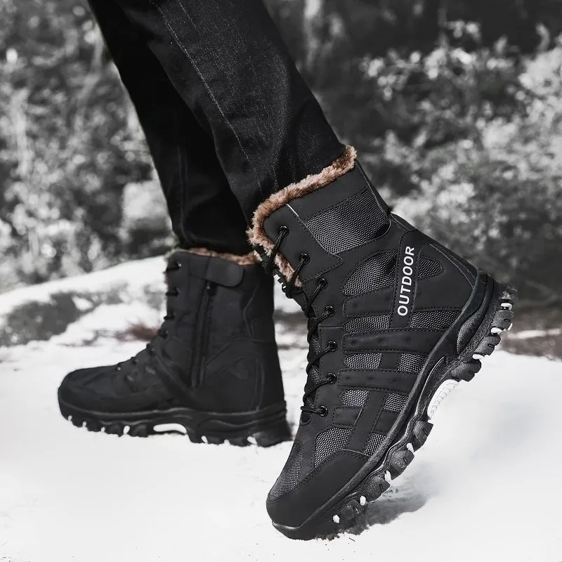 Winter Mens Boots Thick Plush Warm Snow Boots LaceUP Men Ankle Boots Outdoor Waterproof Mens Motorcycle Boots Size 47 251010