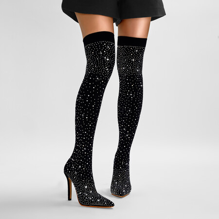 Crystal-Embellished Fishnet Over Knee Boots 11cm Stiletto Heel Stretch Fit Evening Glamour Boots Black