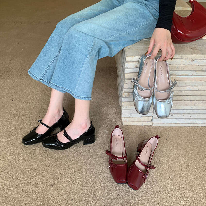 French Bowknot Single for Women 2025 New Summer Soft Sole Shallow Mary Jane Square Designer Shoe Toe Patent Leather Ballet Shoes