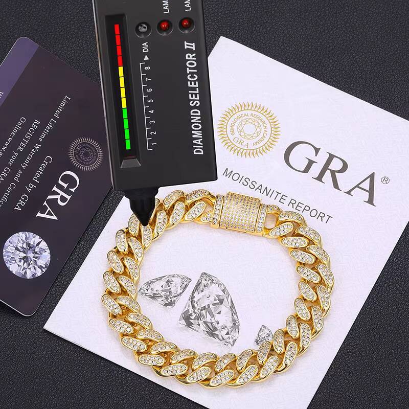 Hip Hop S925 Sterling Silver Link Chain Bracelet VVS Moissanite Iced Out Cuban Style for Men