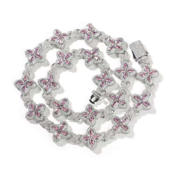 UWIN Duty-Free Multi-Color VVS Moissanite Cuban 4-Leaf Clover Flower White Gold Finished Miami Chain Necklace