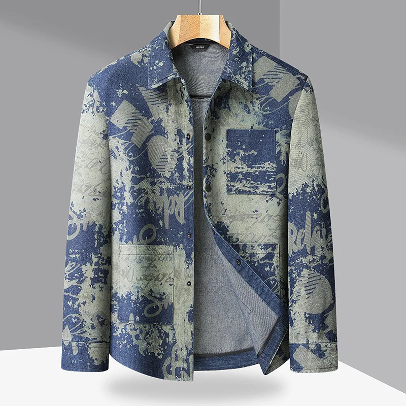 8XL Cowboy Coat for Men Autumn Cargo with Print Denim Jackets Man Cowgirl Fashion Joker Trendy Washed Rock Korean Coats 251014