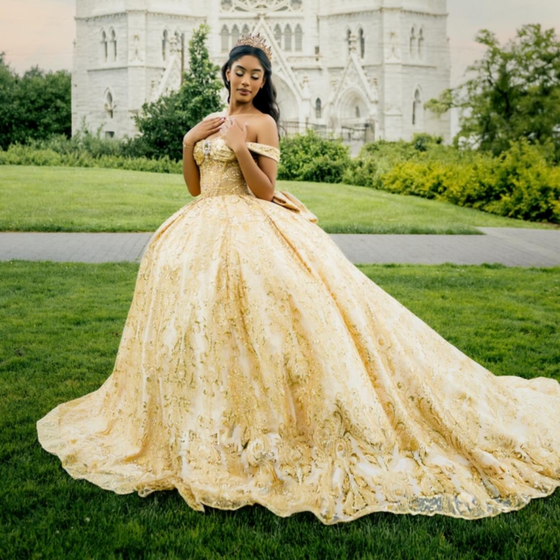 Champagne Shiny Quinceanera Dresses Off The Shoulder Sequin Applique Lace Beading Crystal Bow Tull Corset Party Birthday Sweet 16 Dres Vestidos 15 De 