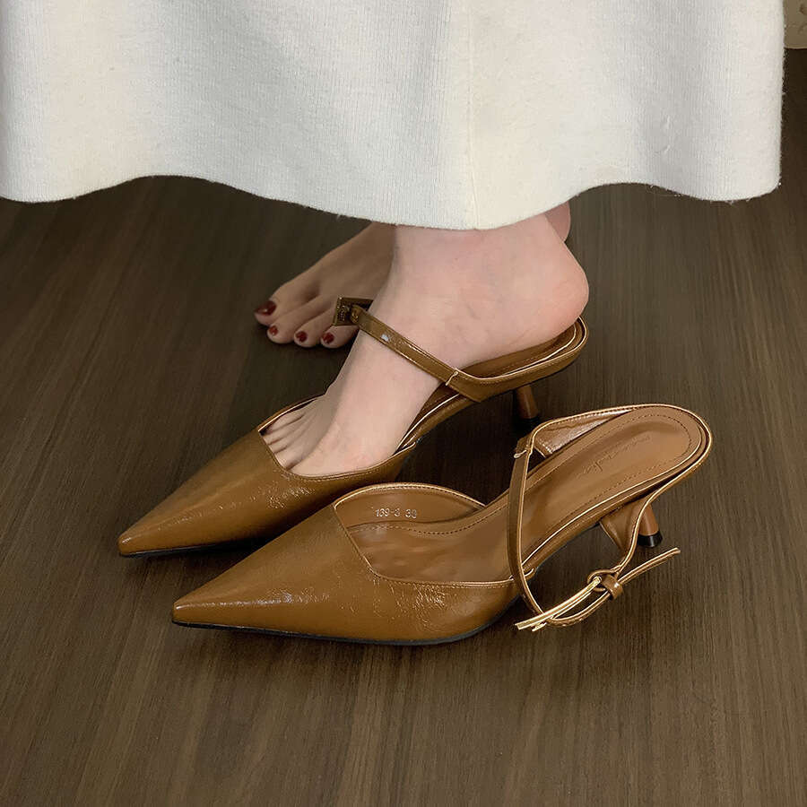 French Style Black Mid-High Heel Designer Shoe Peep-Toe Mules for Women, Outdoor Wear, 2025 New Elegant Socialite Half-Slip Single Shoes