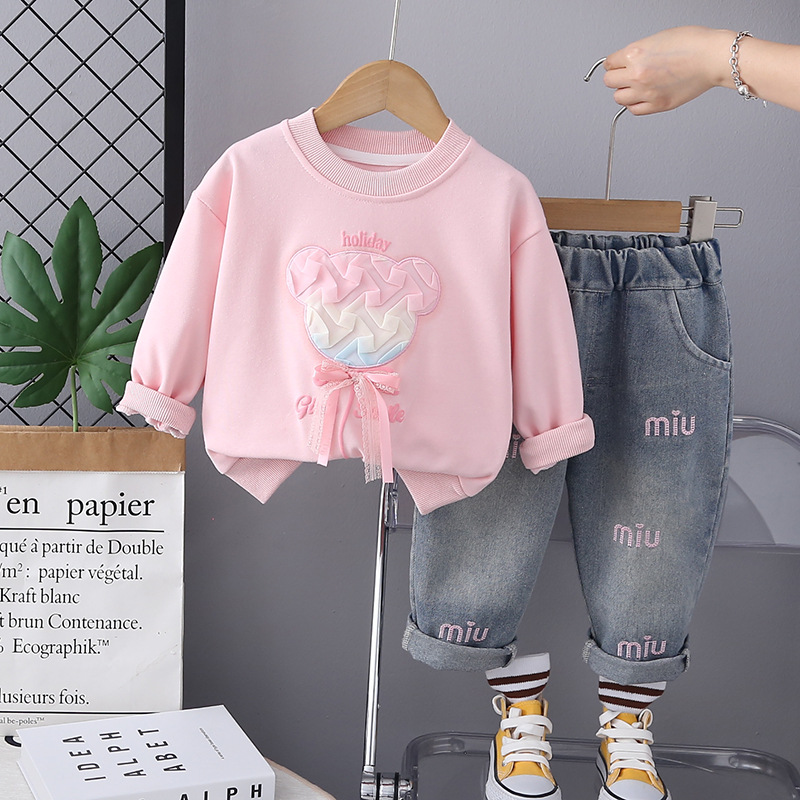 Girls' Autumn Dress Set 2025 New Western Style Baby Girl Spring and Autumn Sweet Bear Two Piece Set Children's Health Clothes