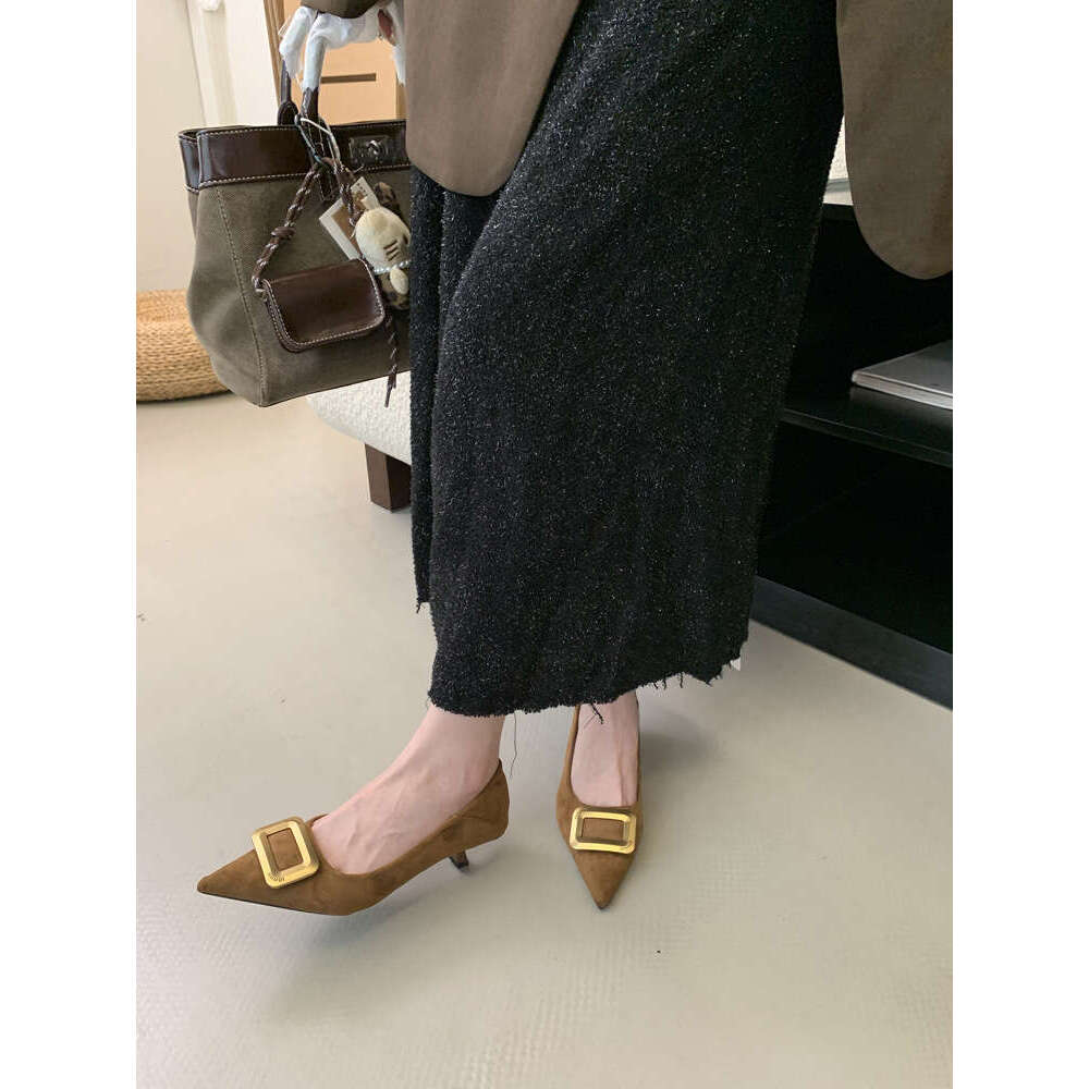 Pointed Toe Suede Elegant Designer Shoe Single Shoes for Women Slimming, Metal Buckle Shallow Mouth Kitten Heels