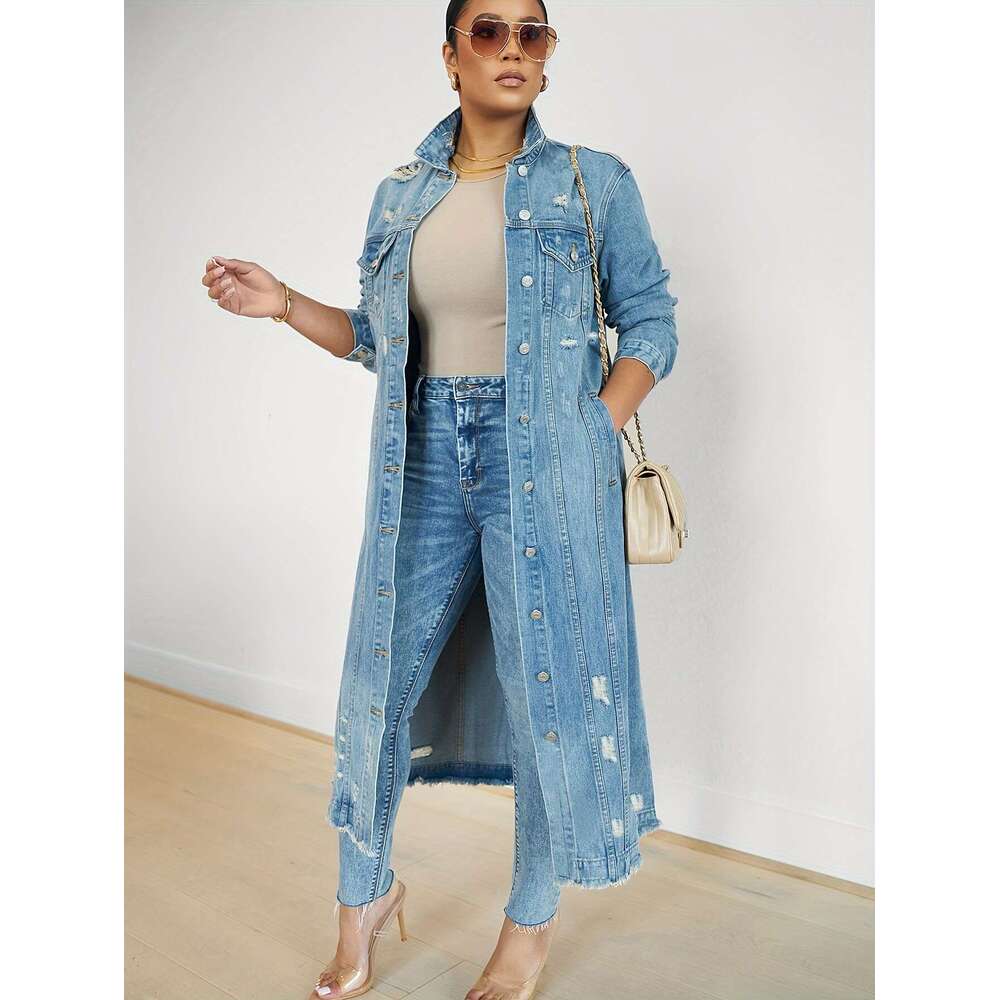 VOCKOO Women's Casual Faux Denim Trench Coat, Sleeve, Solid Color, Non-Stretch, Long Length, With Washed Detail, For Fall/Winter Collection