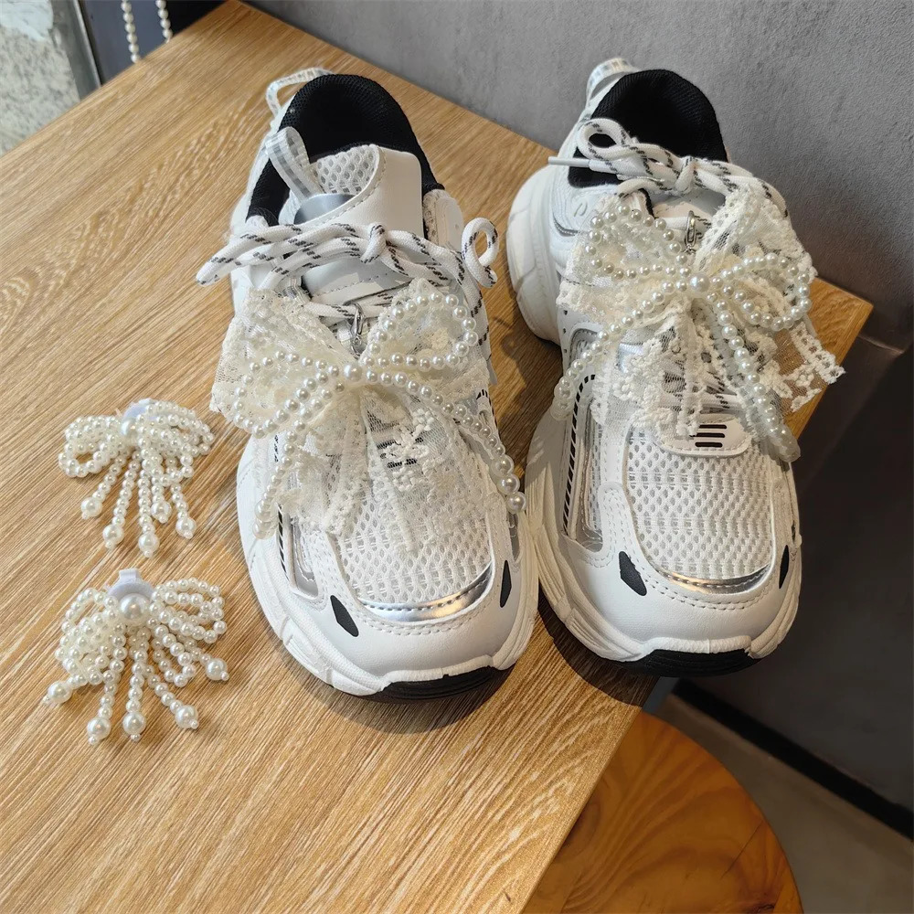 Fashion Lace Pearl Bow Shoelace Buckle Sneakers Decorative Charm Shoe Flower Buckle Womens Bag Pendant Bow Key Chain Accessorie 251013