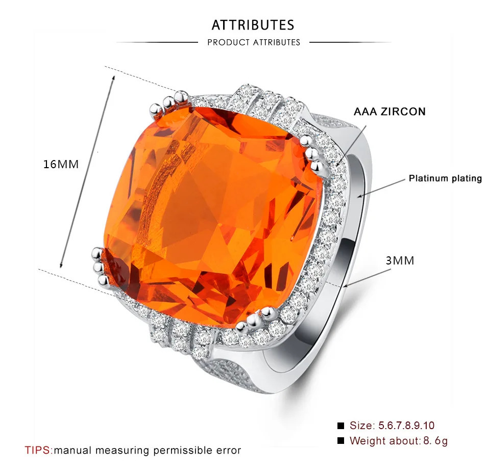 Square Large Orange Gem Ring Bohemian Style Wedding Ring for Women Microinlaid Zircon Ring Party Jewelry Engagement Ring 251017