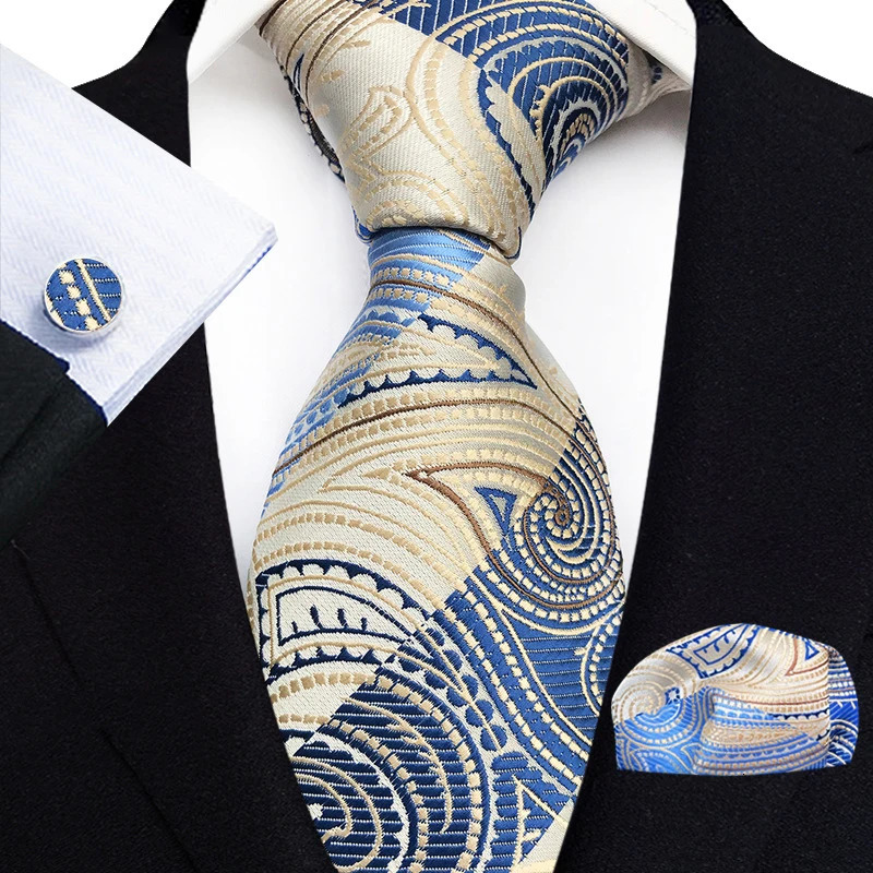 Floral Blue Ties For Men Wedding Party Business Man Tie Handkerchief Brooch Cufflinks Set Men Accessories Gravata 251014