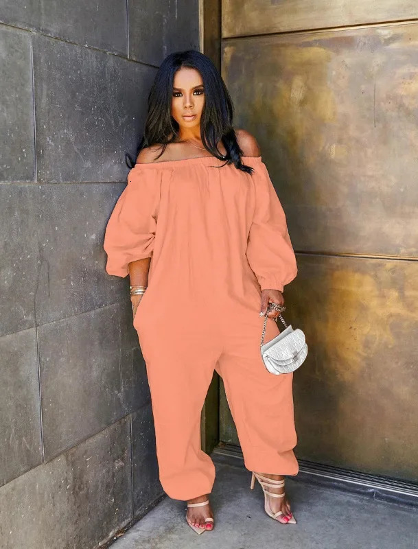 Solid Off Shoulder Jumpsuit for Women Casual Long Sleeve Rompers Loose Solid Color Cross Pants Casual Overalls Jumpsuits 251016
