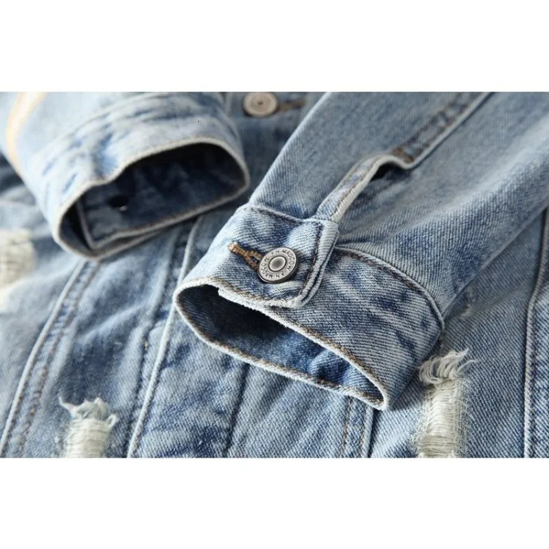 mens denim jacket embroidered print fashion retro ripped street jacket men 251014